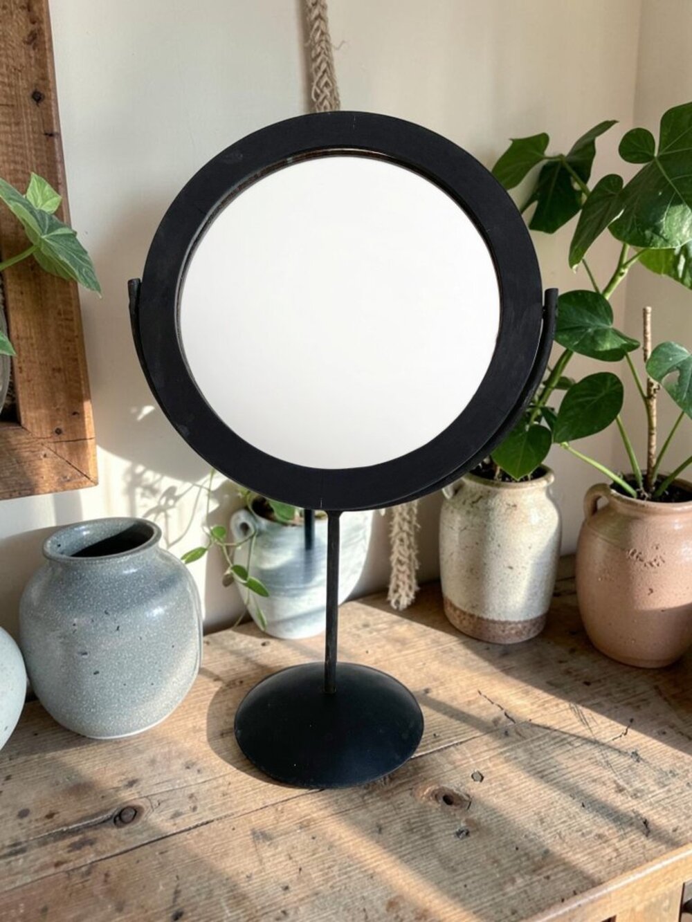 Black Tabletop 360 Swivel Metal & Wood Decor Mirror | Bathroom Vanity Boho